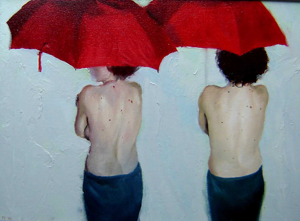 2 red umbrellas